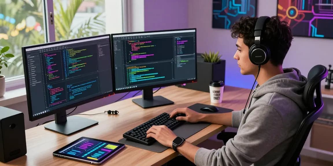 Developer coding in a modern workspace with dual monitors, showcasing WPS Official Website integration features.