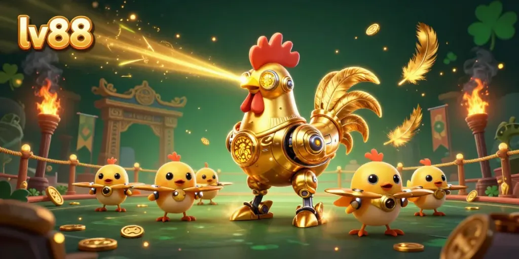 Experience thrilling gameplay at lv88 with an animated golden rooster and baby chick drones in a vibrant casino arena.