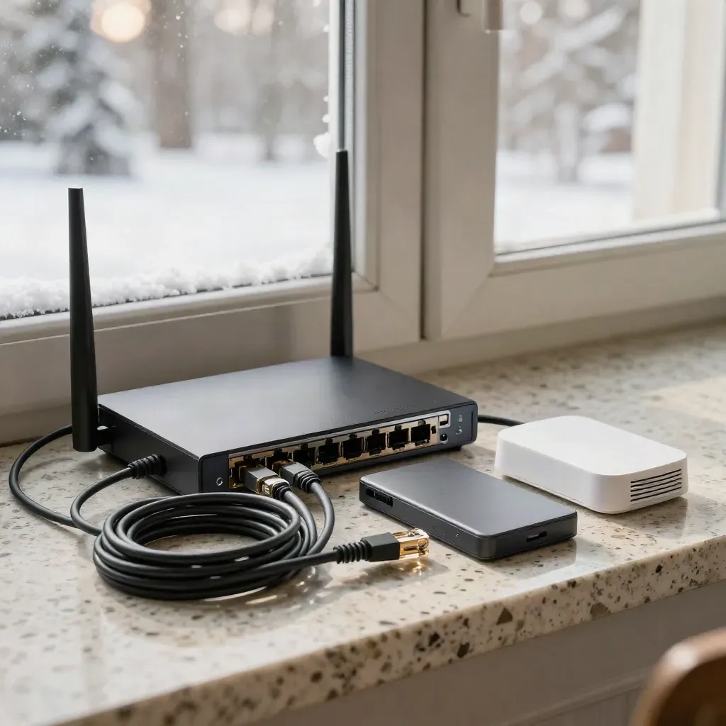 Matte-black router, switch, cables, SSD and white Wi‑Fi access point on travertine in winter light