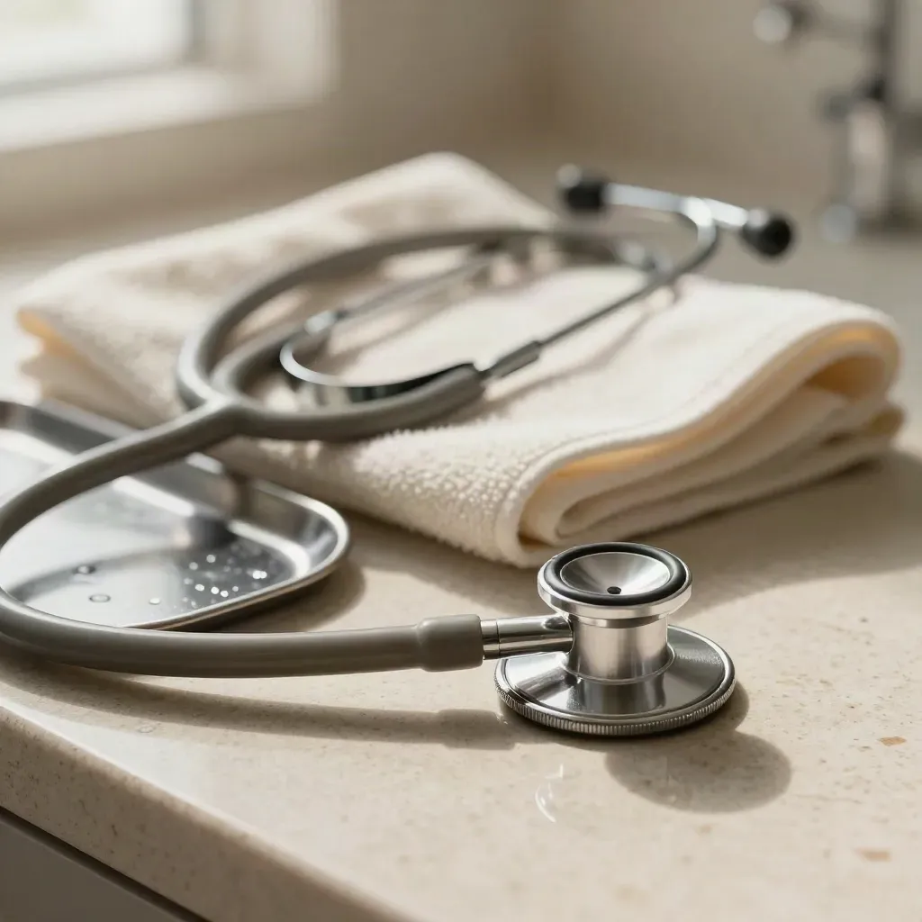 Stethoscope, folded clinic towel, and metal tray on a stone counter with soft bokeh