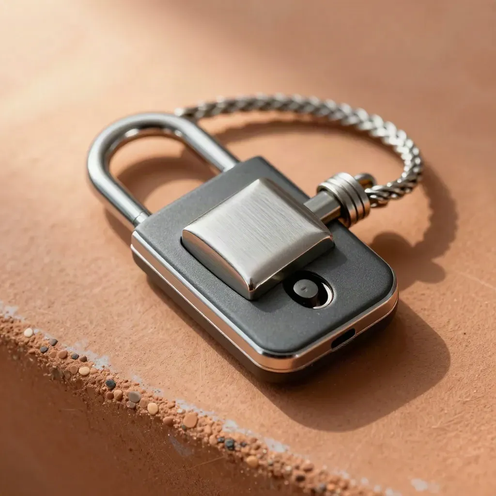 Macro still life of a security key, padlock, and braided cable lock on terracotta clay with teal accents
