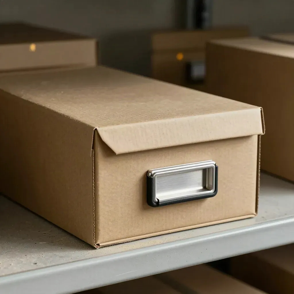 Archive box, backup drive, and steel file clip on a concrete shelf with haze and amber bokeh.