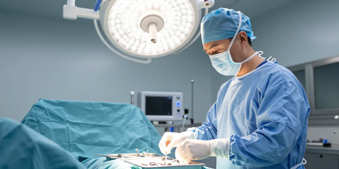 Surgical team member donning sterile surgical gloves in a bright operating room preparing for a procedure.