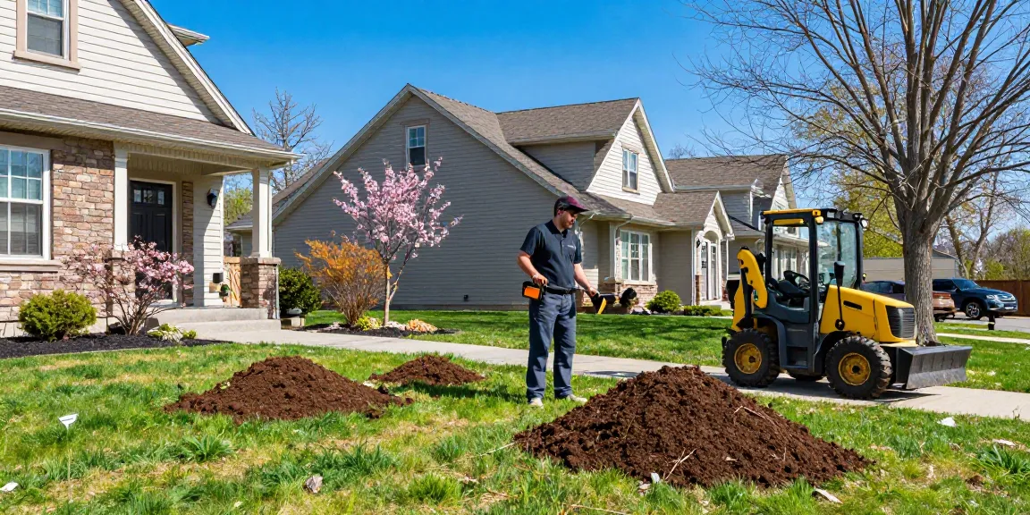 Top soil grading Ottawa with contractor inspecting fresh topsoil and vibrant landscaping.