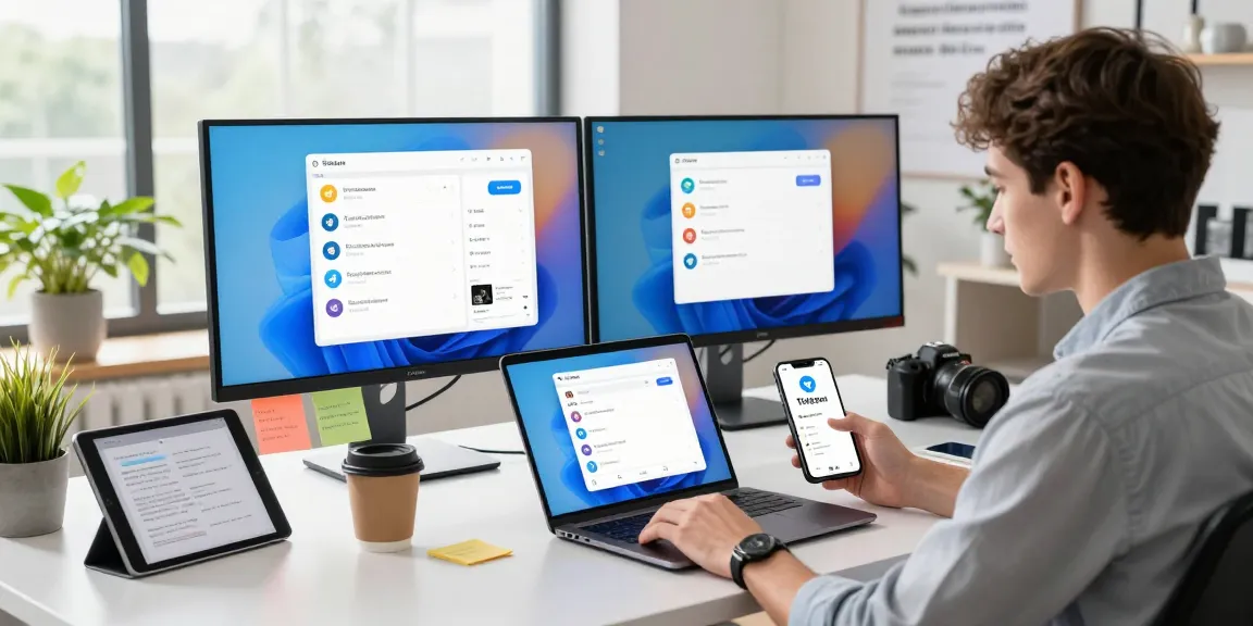 Customize Telegram Chinese language settings with user interacting on devices in modern workspace.