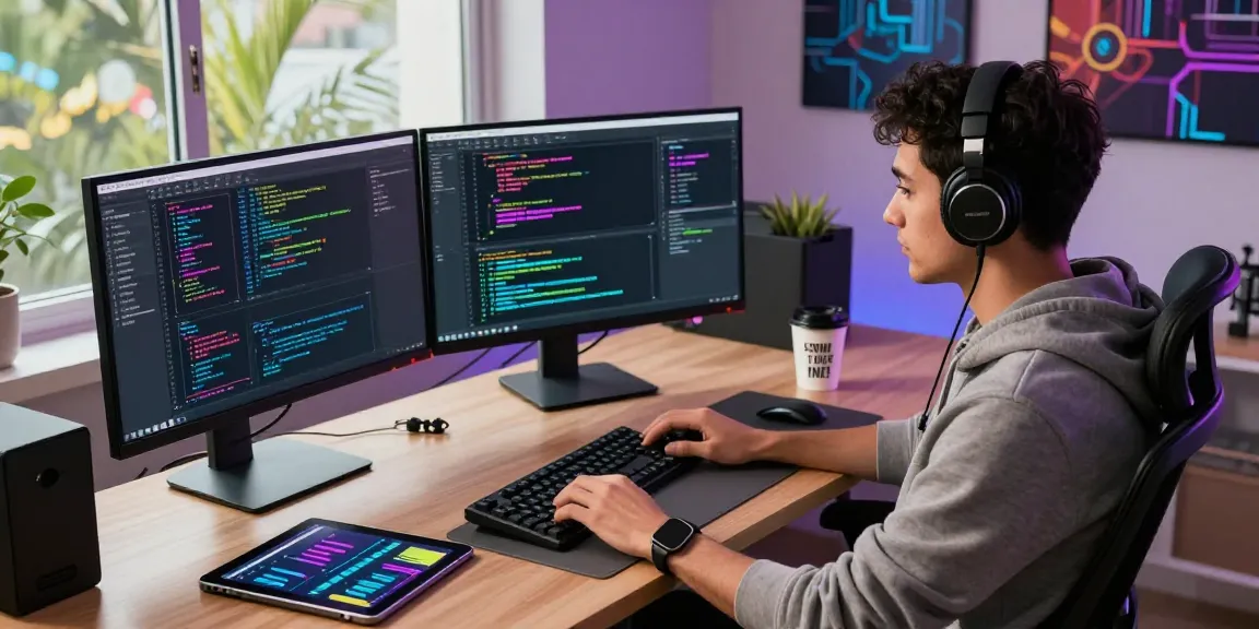 Developer coding in a modern workspace with dual monitors, showcasing WPS Official Website integration features.