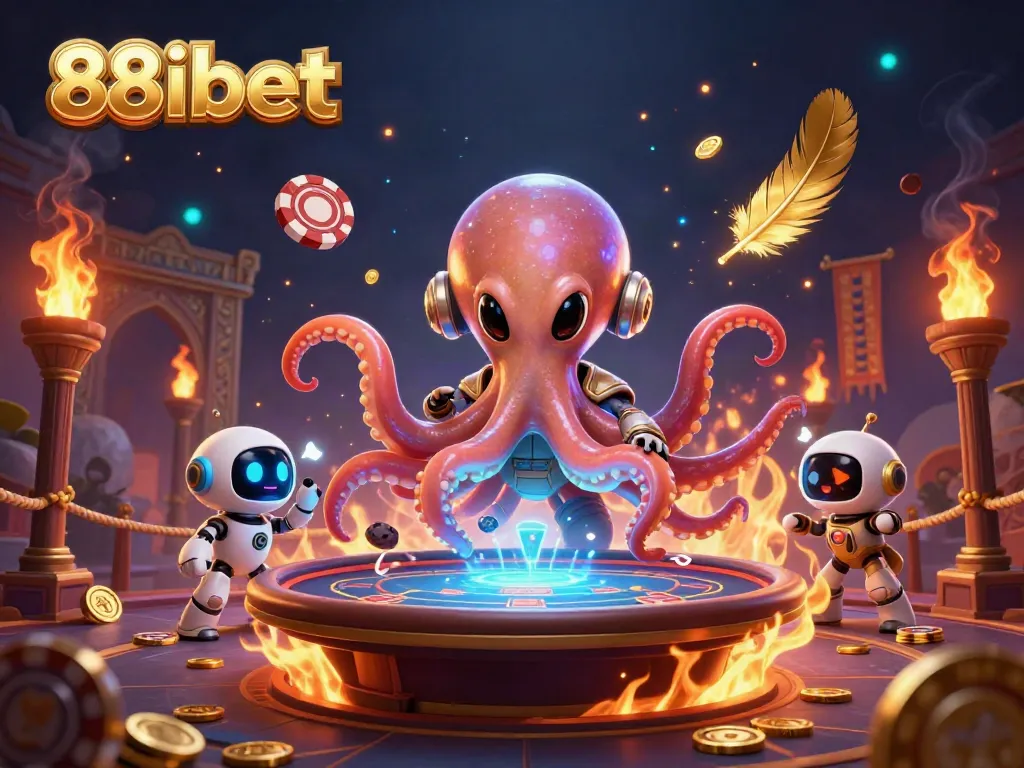 Experience interactive gaming at 88ibet with an alien octopus and a robot managing a poker table.